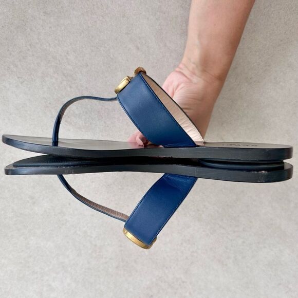 Gucci GG Marmont Sandals Navy Blue Leather Thong Flats Flip Flops EU 39.5 US 9.5 - Picture 10 of 12